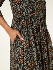 Roman Black Ditsy Floral Gathered Midi Dress - Image 1 of 5