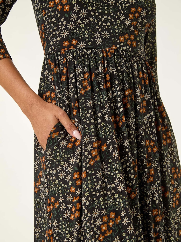 Roman Black Ditsy Floral Gathered Midi Dress - Image 1 of 5