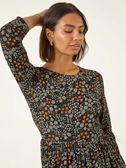 Roman Black Ditsy Floral Gathered Midi Dress - Image 2 of 5