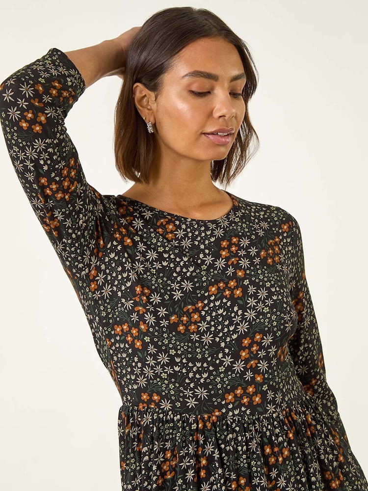 Roman Black Ditsy Floral Gathered Midi Dress - Image 2 of 5