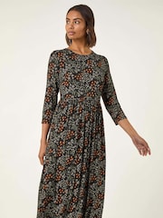 Roman Black Ditsy Floral Gathered Midi Dress - Image 4 of 5