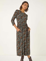 Roman Black Ditsy Floral Gathered Midi Dress - Image 5 of 5