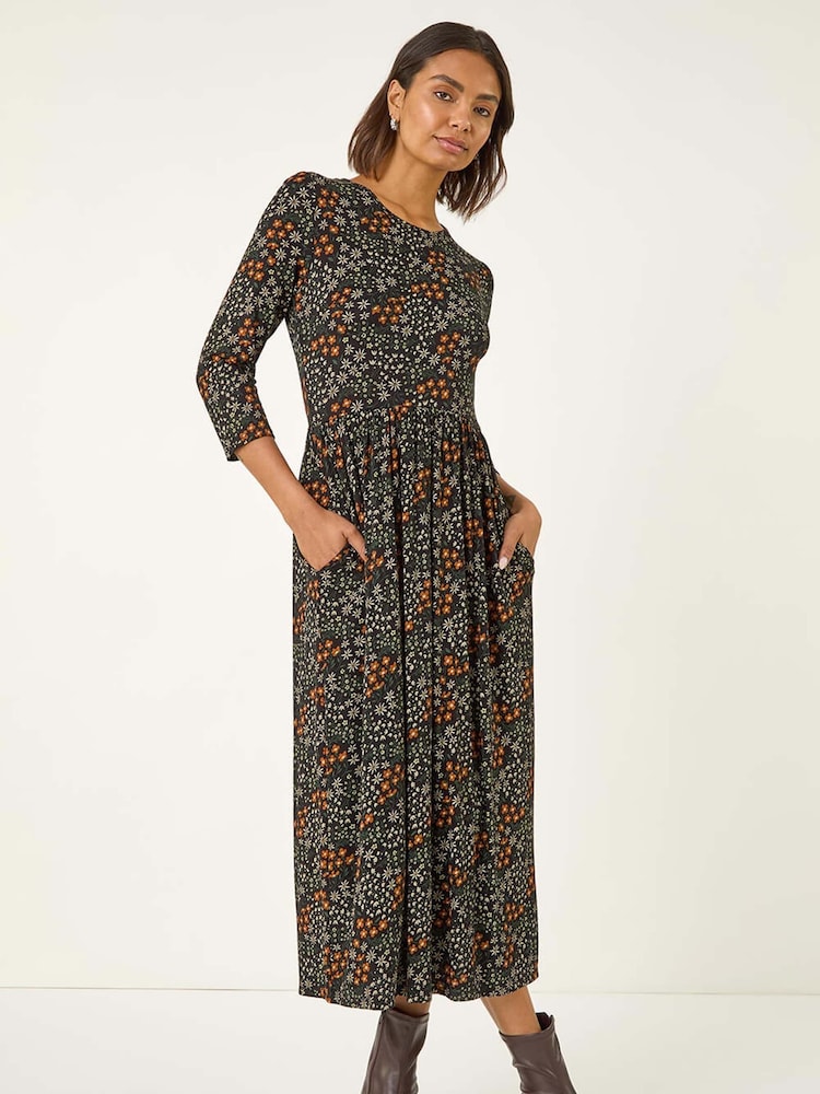 Roman Black Ditsy Floral Gathered Midi Dress - Image 5 of 5