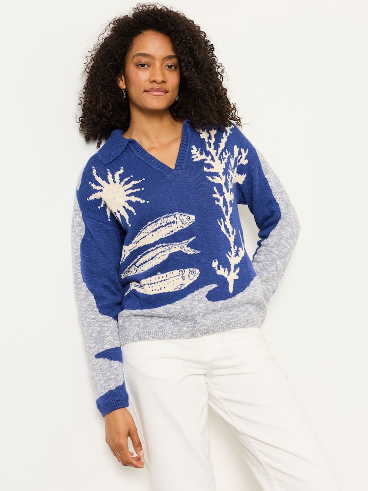 FatFace Cobalt Blue Sea Knitted Jumper - Image 1 of 5