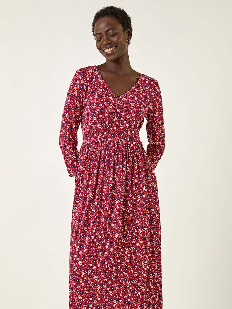 Roman Red Floral Ruched Midi Dress - Image 1 of 5