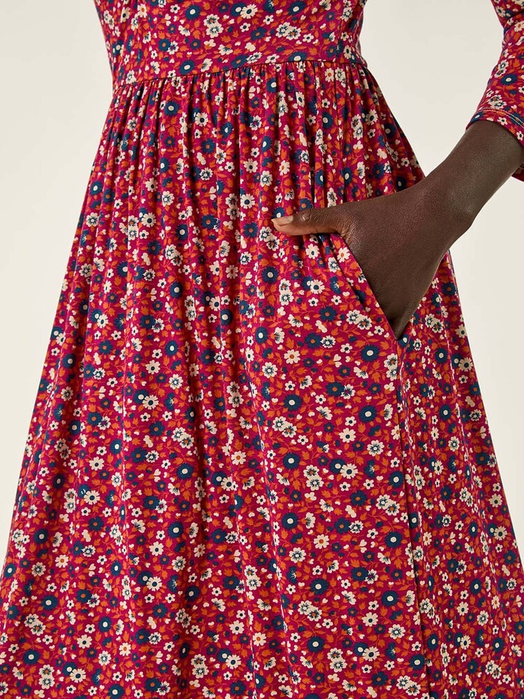 Roman Red Floral Ruched Midi Dress - Image 1 of 5 Roman Red Floral Ruched Midi Dress - Image 1 of 5