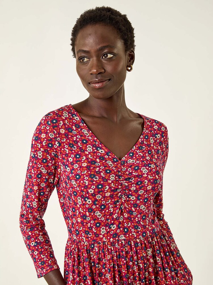 Roman Red Floral Ruched Midi Dress - Image 2 of 5 Roman Red Floral Ruched Midi Dress - Image 2 of 5