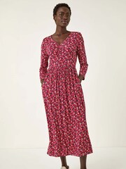 Roman Red Floral Ruched Midi Dress - Image 4 of 5