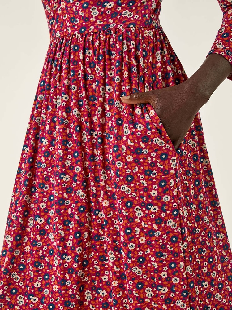 Roman Red Floral Ruched Midi Dress - Image 5 of 5 Roman Red Floral Ruched Midi Dress - Image 5 of 5