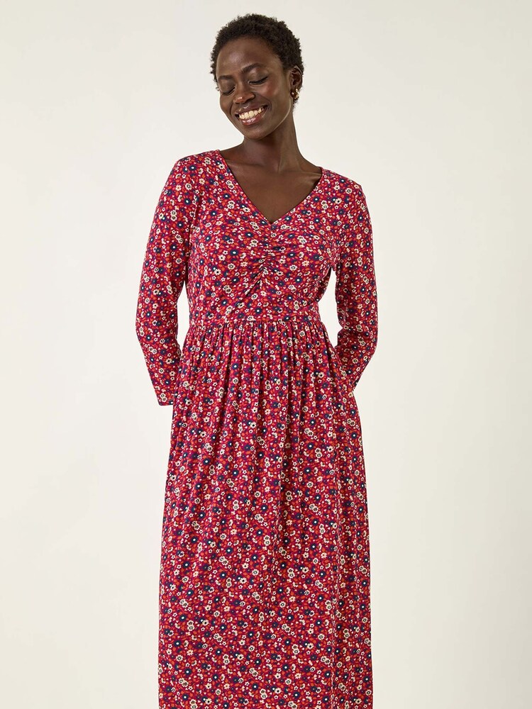 Roman Red Floral Ruched Midi Dress - Image 5 of 5 Roman Red Floral Ruched Midi Dress - Image 5 of 5