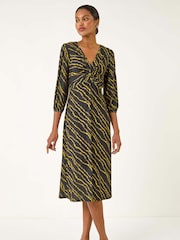 Roman Yellow Abstract Twist Front Midi Dress - Image 1 of 5