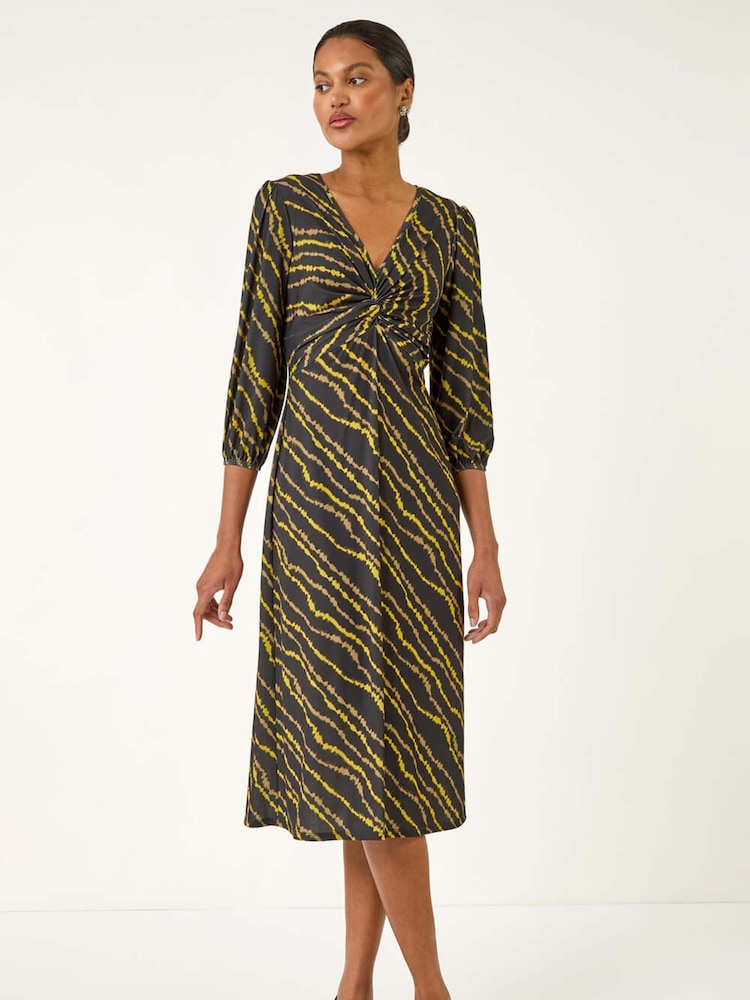 Roman Yellow Abstract Twist Front Midi Dress - Image 1 of 5 Roman Yellow Abstract Twist Front Midi Dress - Image 1 of 5