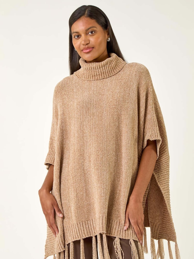 Roman Natural Tassle Trim Knit Poncho - Image 1 of 5 Roman Natural Tassle Trim Knit Poncho - Image 1 of 5