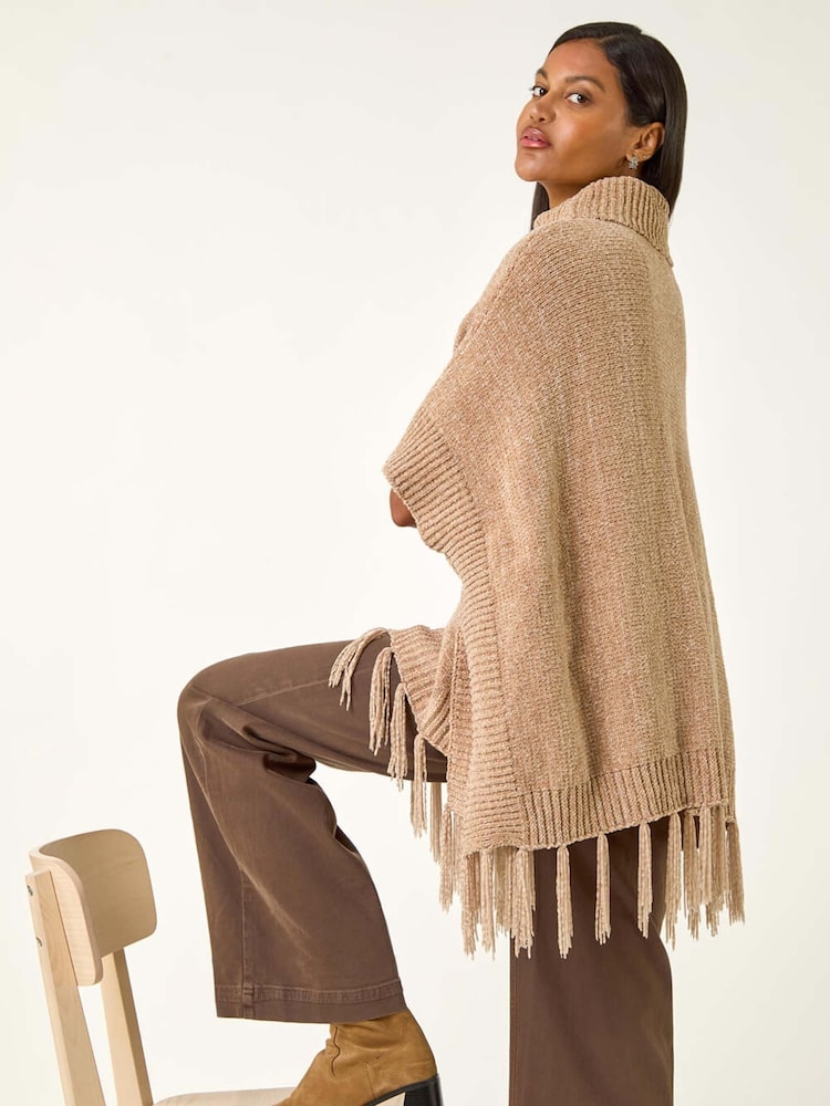 Roman Natural Tassle Trim Knit Poncho - Image 2 of 5 Roman Natural Tassle Trim Knit Poncho - Image 2 of 5