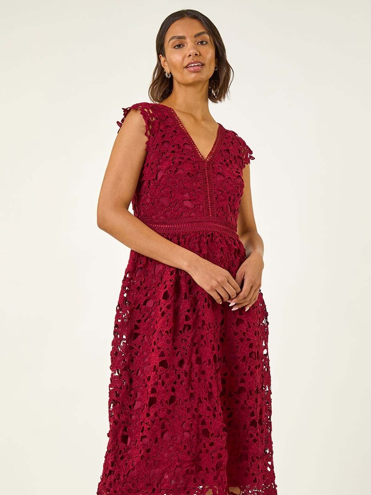 Roman Red Premium Crochet Lace Midi Dress - Image 1 of 5