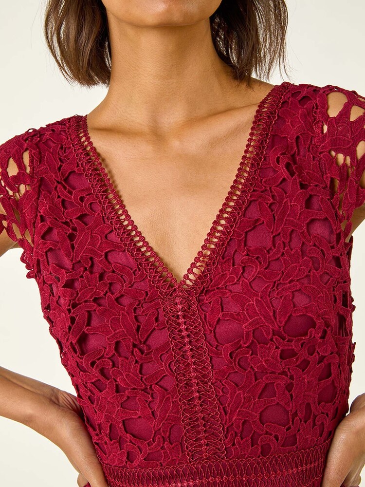Roman Red Premium Crochet Lace Midi Dress - Image 2 of 5