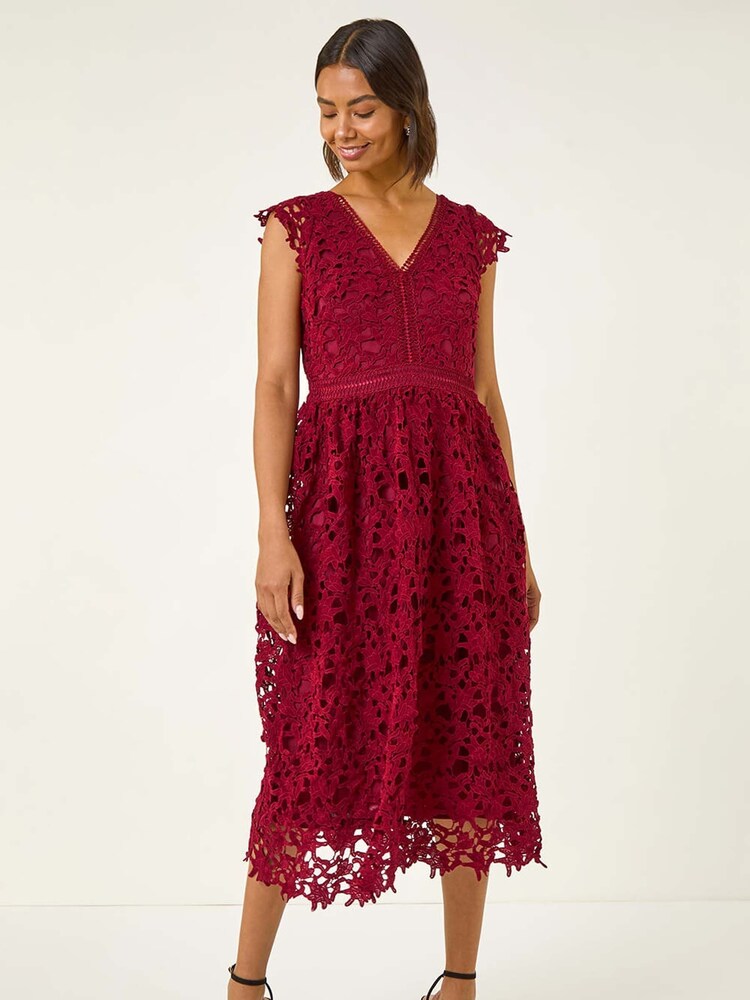 Roman Red Premium Crochet Lace Midi Dress - Image 5 of 5