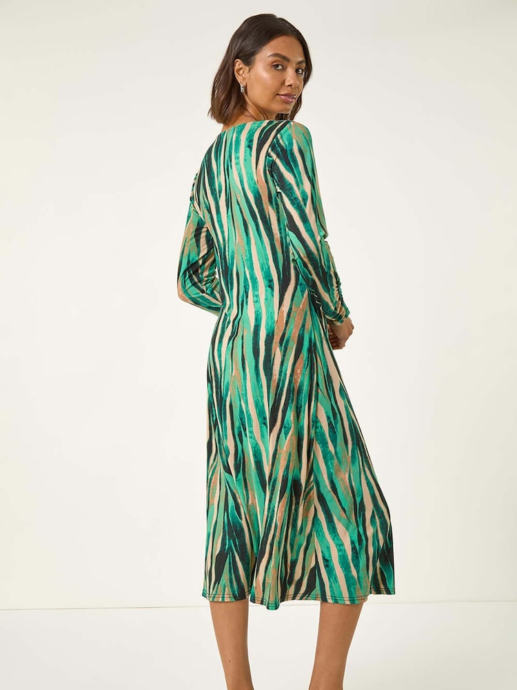 Roman Green Abstract Print Ruched Midi Stretch Dress - Image 2 of 5