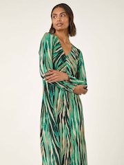 Roman Green Abstract Print Ruched Midi Stretch Dress - Image 3 of 5