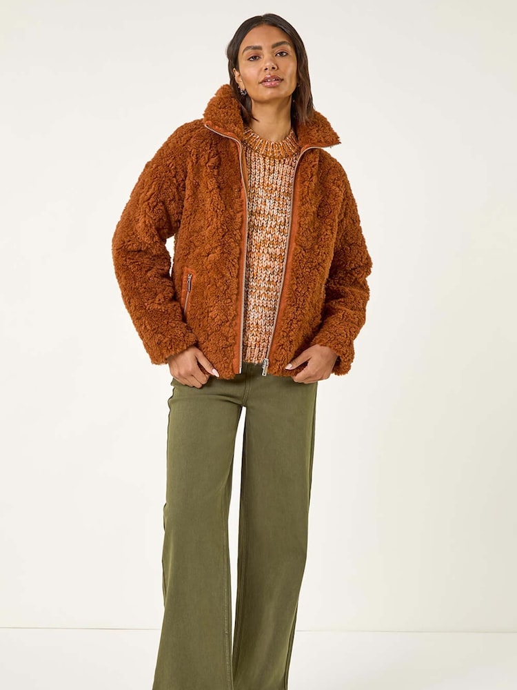 Roman Brown Teddy Faux Fur Bomber Jacket - Image 2 of 5