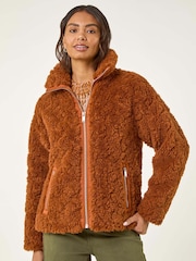 Roman Brown Teddy Faux Fur Bomber Jacket - Image 4 of 5