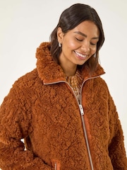 Roman Brown Teddy Faux Fur Bomber Jacket - Image 5 of 5
