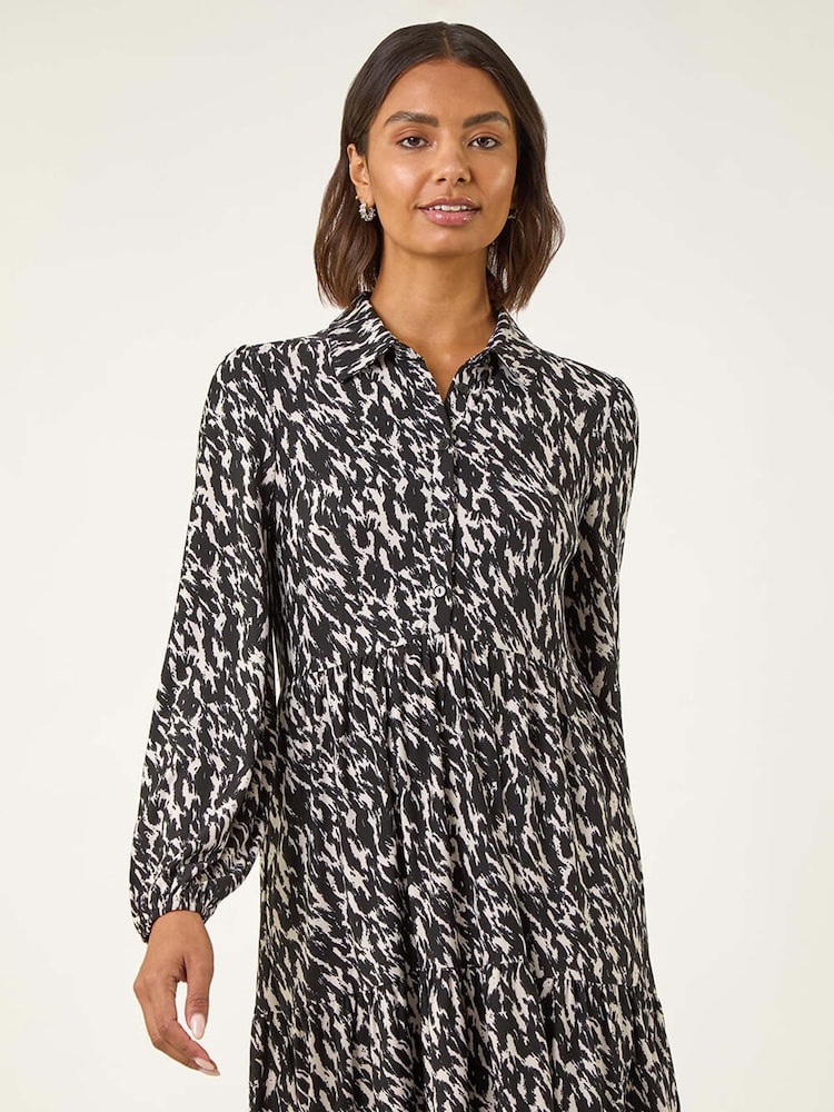 Roman Black Abstract Print Buttoned Stretch Dress - Image 2 of 5 Roman Black Abstract Print Buttoned Stretch Dress - Image 2 of 5