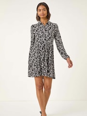 Roman Black Abstract Print Buttoned Stretch Dress - Image 3 of 5