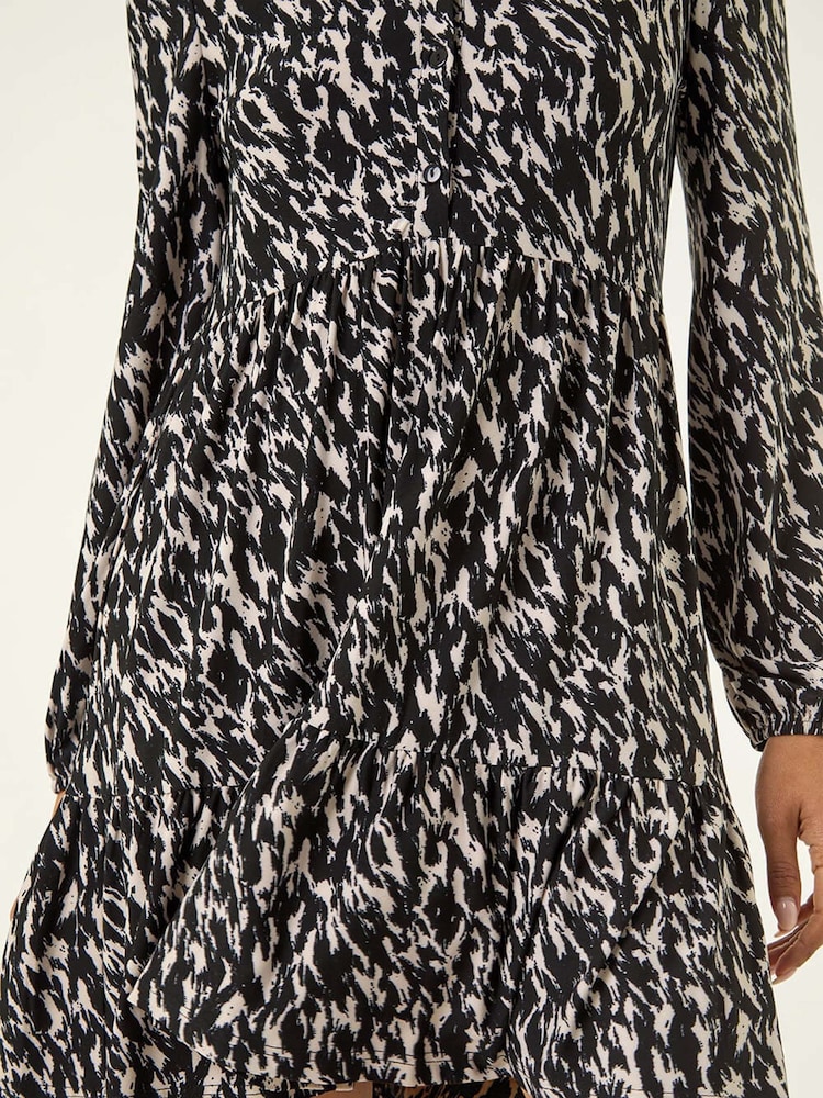 Roman Black Abstract Print Buttoned Stretch Dress - Image 5 of 5