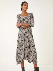 Roman Brown Printed Hanky Hem Stretch Midi Dress - Image 1 of 5