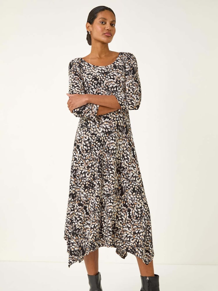 Roman Brown Printed Hanky Hem Stretch Midi Dress - Image 1 of 5 Roman Brown Printed Hanky Hem Stretch Midi Dress - Image 1 of 5