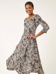 Roman Brown Printed Hanky Hem Stretch Midi Dress - Image 2 of 5