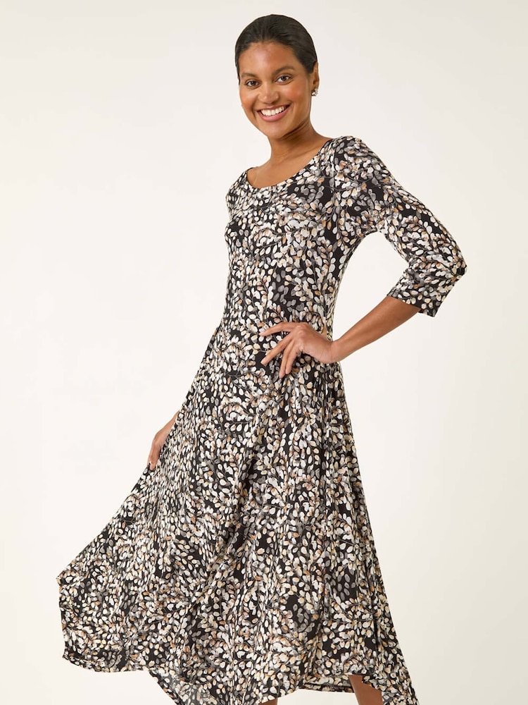 Roman Brown Printed Hanky Hem Stretch Midi Dress - Image 2 of 5 Roman Brown Printed Hanky Hem Stretch Midi Dress - Image 2 of 5