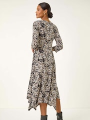 Roman Brown Printed Hanky Hem Stretch Midi Dress - Image 3 of 5