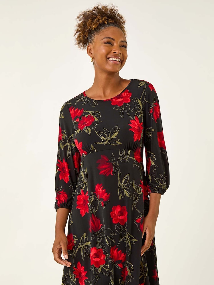 Roman Red Floral Print Stretch Dress - Image 1 of 5 Roman Red Floral Print Stretch Dress - Image 1 of 5