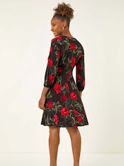 Roman Red Floral Print Stretch Dress - Image 3 of 5