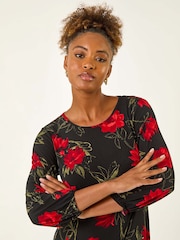 Roman Red Floral Print Stretch Dress - Image 4 of 5