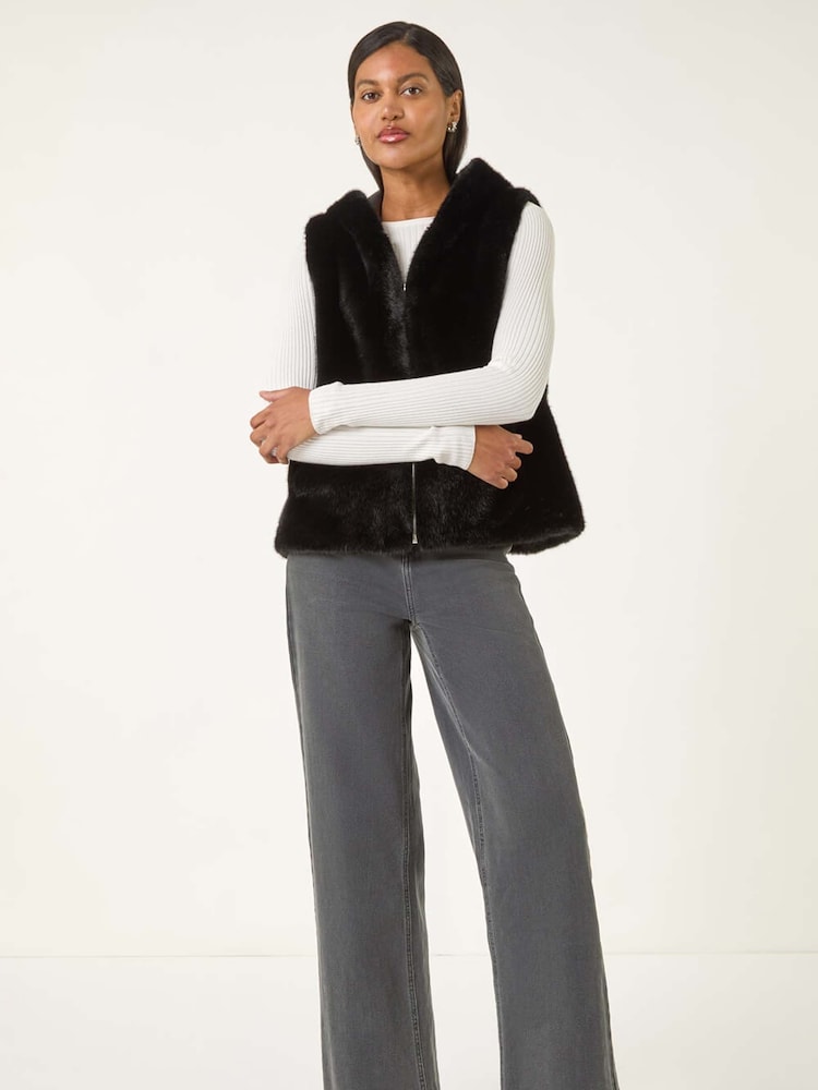 Roman Black Hooded Faux Fur Gilet - Image 1 of 5