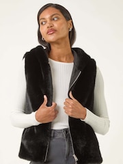Roman Black Hooded Faux Fur Gilet - Image 3 of 5