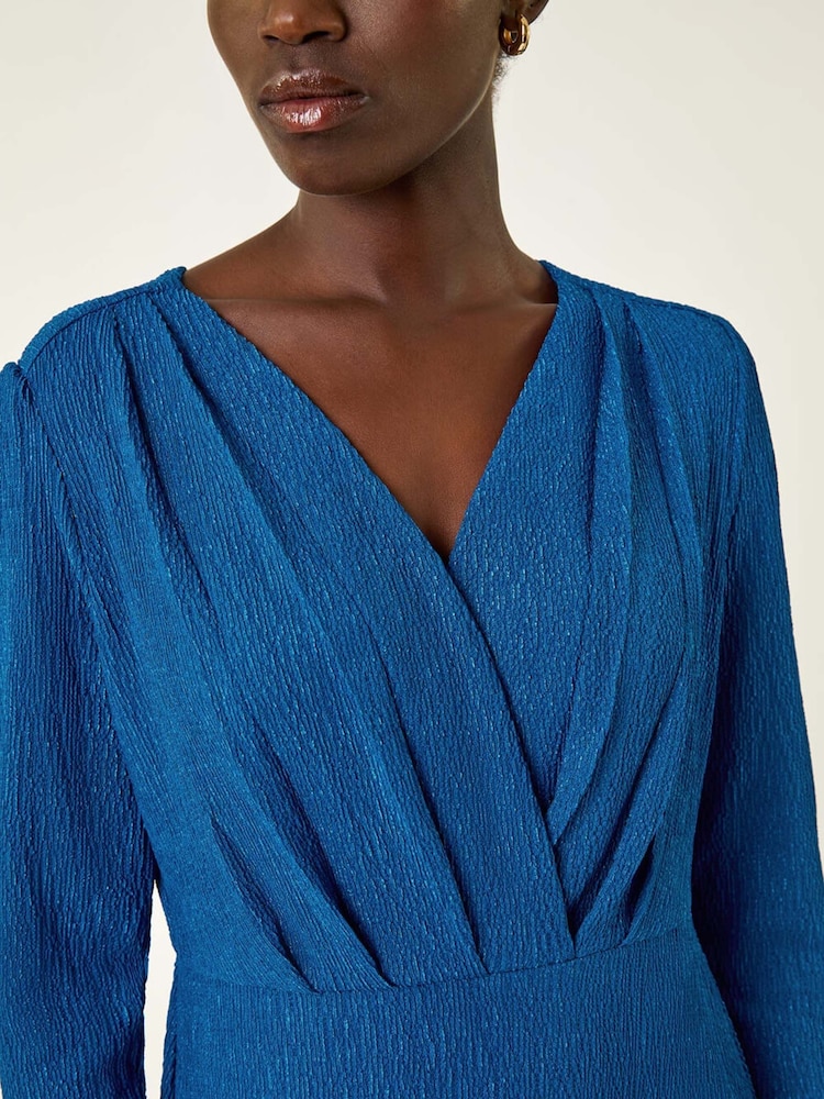 Roman Blue Textured Wrap Midi Dress - Image 5 of 5 Roman Blue Textured Wrap Midi Dress - Image 5 of 5