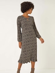 Roman Brown Spot Print Keyhole Midi Dress - Image 1 of 5