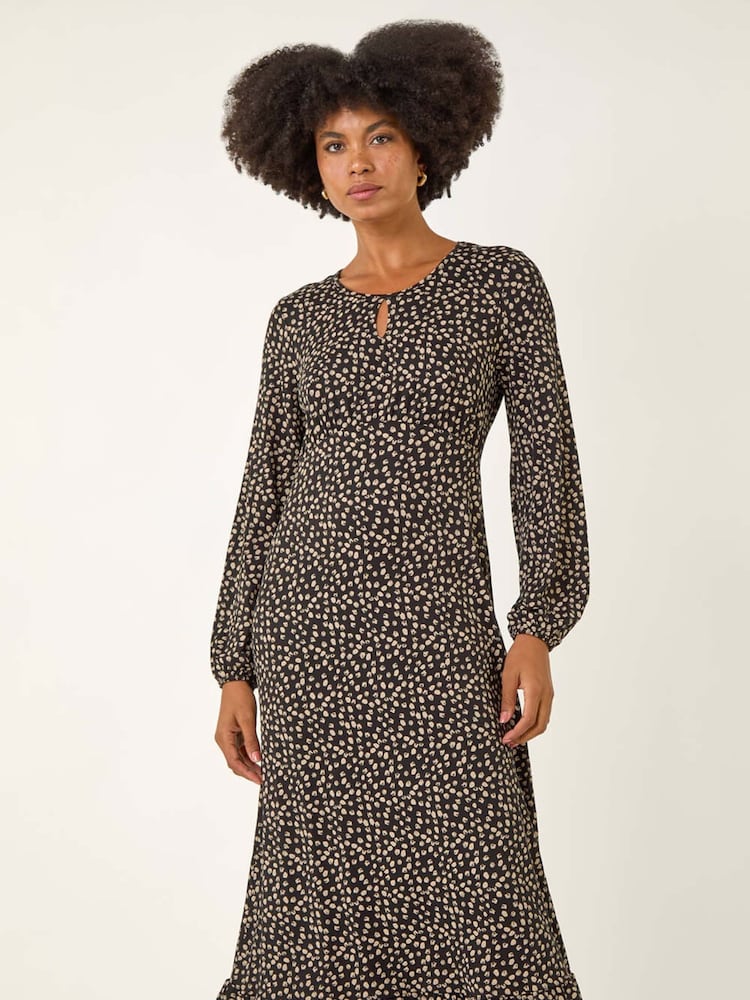 Roman Brown Spot Print Keyhole Midi Dress - Image 2 of 5 Roman Brown Spot Print Keyhole Midi Dress - Image 2 of 5