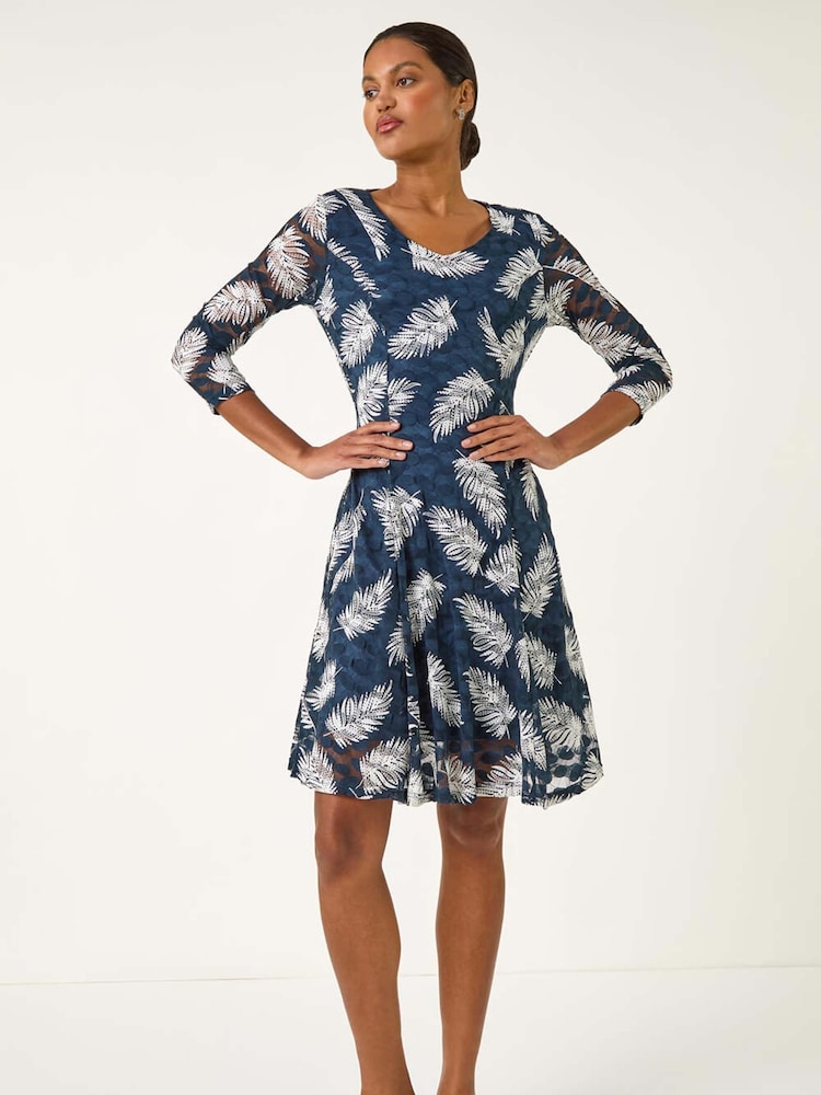 Roman Blue Leaf Print Lace Stretch Dress - Image 1 of 5 Roman Blue Leaf Print Lace Stretch Dress - Image 1 of 5