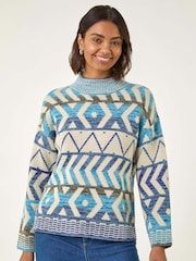 Roman Blue Aztec High Neck Knit Jumper - Image 1 of 5