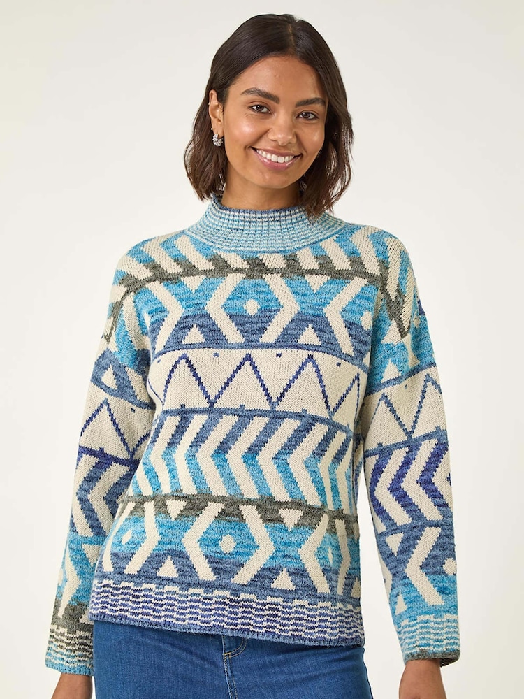 Roman Blue Aztec High Neck Knit Jumper - Image 1 of 5