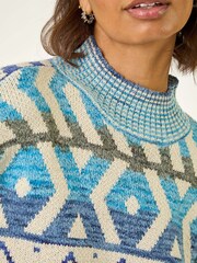Roman Blue Aztec High Neck Knit Jumper - Image 1 of 5