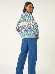 Roman Blue Aztec High Neck Knit Jumper - Image 2 of 5