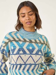 Roman Blue Aztec High Neck Knit Jumper - Image 3 of 5