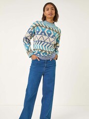 Roman Blue Aztec High Neck Knit Jumper - Image 4 of 5