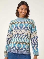 Roman Blue Aztec High Neck Knit Jumper - Image 5 of 5